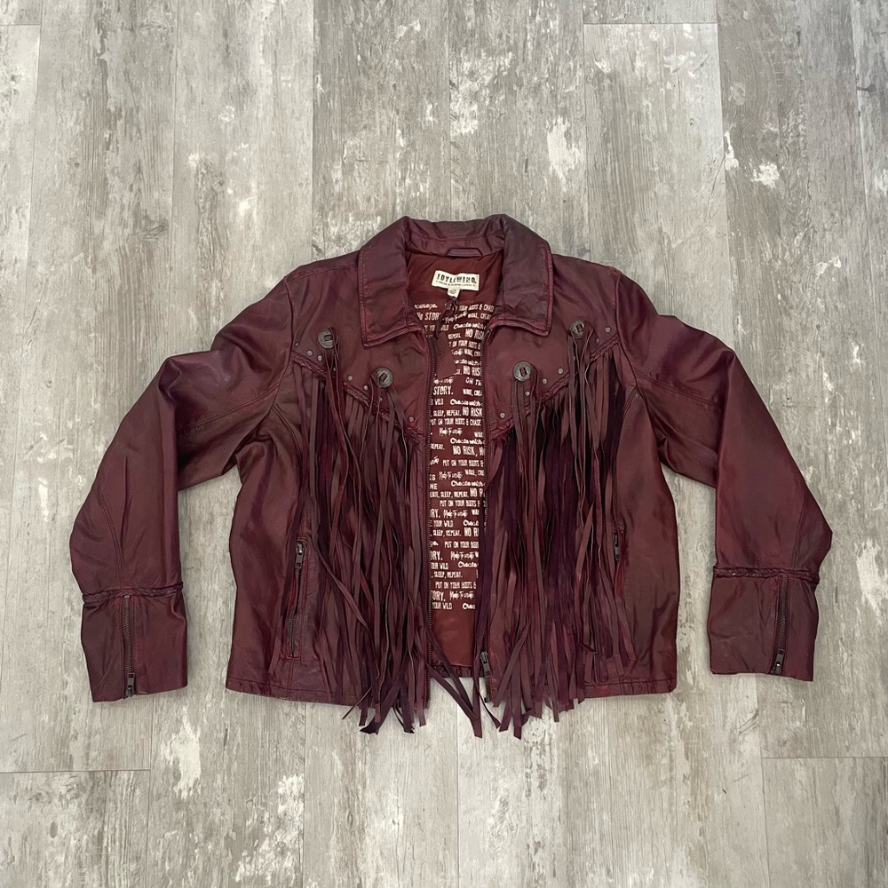 IDYLLWIND - Burgandy Leather Fringe Moto Jacket